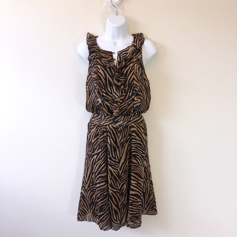 White House Black Market Silk Tiger Print Dress Stretch Waist Sleeveless Size 6